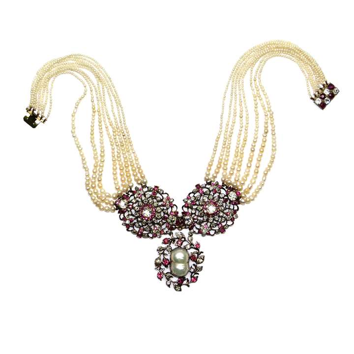 18th century ruby, diamond and pearl openwork cluster panels on a graduated pearl necklace